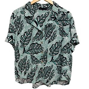 Jane+Delancey Womens Button Down Short Sleeve Boxy Fit Palm Print Shirt Medium